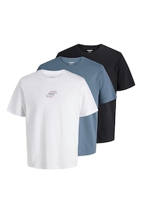 Jack & Jones, Set de tricouri de bumbac organic cu decolteu la baza gatului - 3 piese, Alb, Albastru prafuit, Bleumarin, L