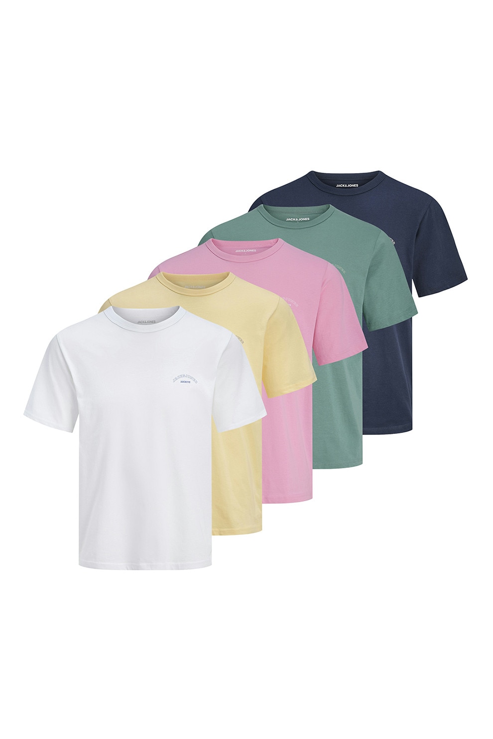 Jack & Jones, Set de tricouri din bumbac organic cu decolteu la baza gatului - 5 piese, Roz deschis, Verde marin, Bleumarin, S