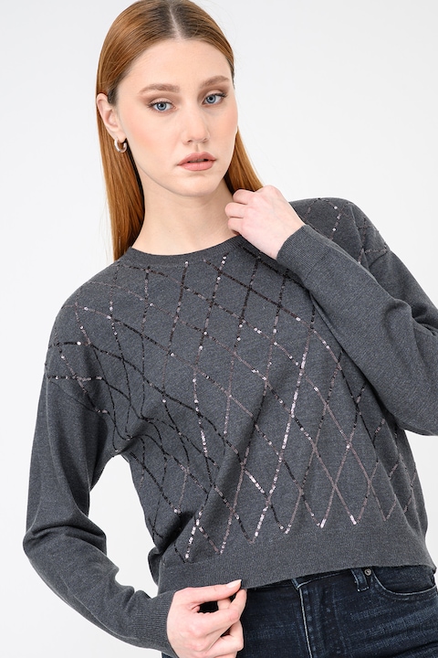 Only, Pulover cu model cu paiete, Gri inchis melange