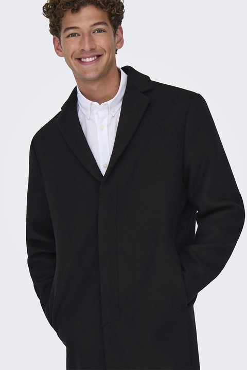 Only & Sons, Palton din amestec de lana cu revere decupate, Negru