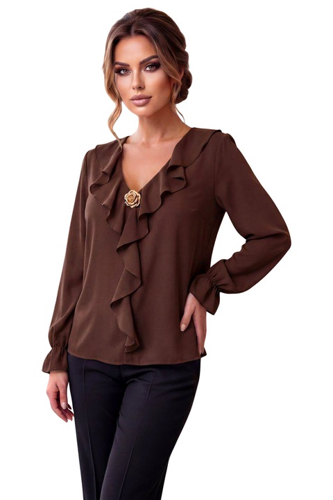 Bluza vaporoasa de dama FashionForYou model NORIA, cu volane si brosa aurie, Maro, Marime universala S/M