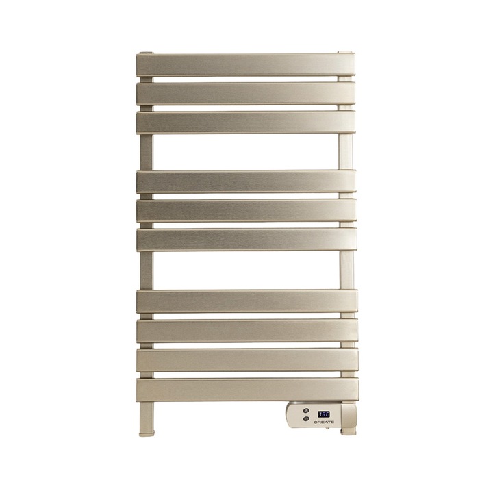 CREATE elektromos fürdőszobai fűtőtest/radiátor, Warm Towel, törölközőszárító, max. 40°C hőmérséklet, digitális vezérlőpanel, falra szerelhető, 8 órás időzítő, alacsony fogyasztás, ezüst