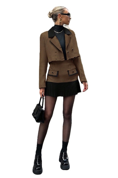 Costum Dama, Blazer Cropped Si Fusta Scurta, Talie Inalta, Kaki