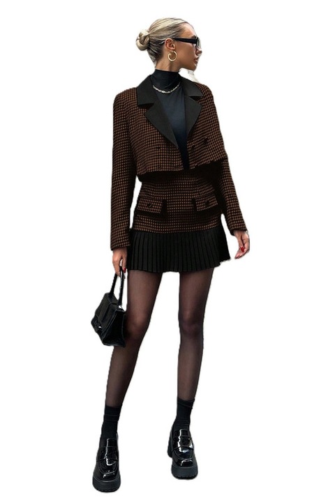 Costum Dama, Blazer Cropped Si Fusta Scurta, Talie Inalta, Maro