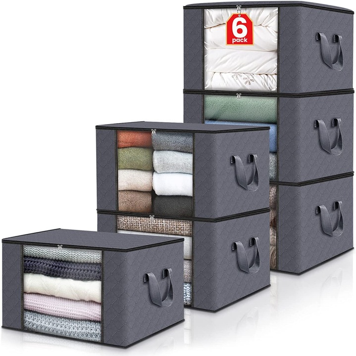YDCY 6 csomag 35L mobil tárolótáska, 20*50*35CM, összecsukható tárolótáska fedéllel, ruhákhoz, takarókhoz, paplanokhoz, lepedőkhöz, párnákhoz, sötétszürke