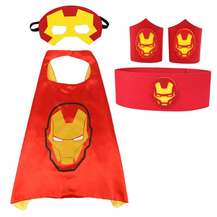Set costume Iron Man, YDCY, pelerină și mască, roșu-galben, 70x70cm, pentru băieți 3-7 ani