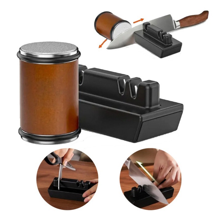 Ascutitor Cutite Rulant Profesional 5 in 1, AjieQaQ®, Piatra Diamantata cu 2 Granulatii (400/1000), Suport Magnetic 15°/20°, Multifunctional, Pentru Cutite si Lame Ceramica，Culoare cu aspect de lemn