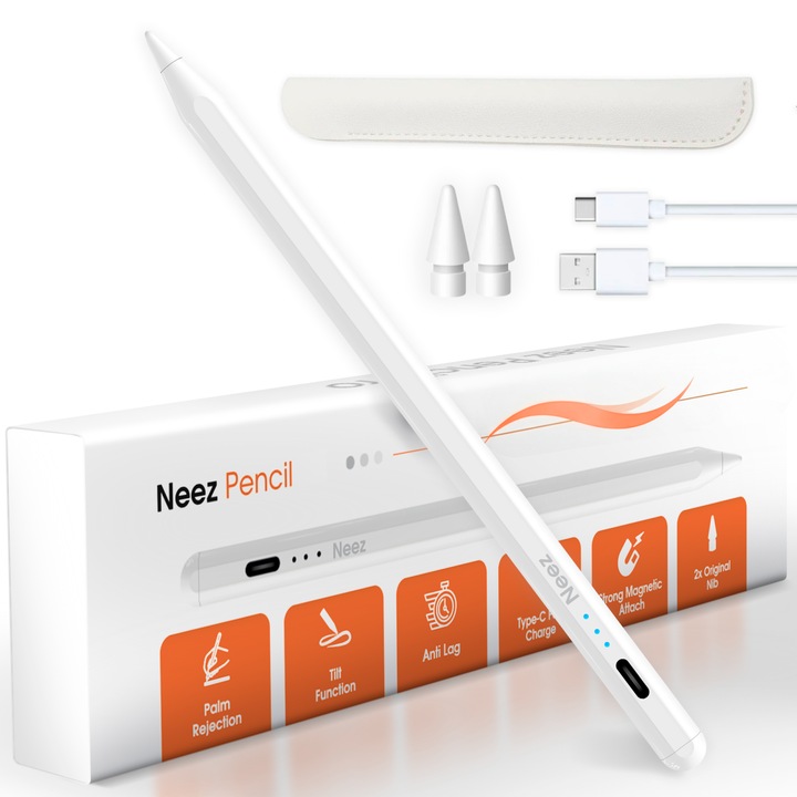 Stylus Pen, Neez Pencil, pentru iPad Apple (2018–2026), Alternativa Apple Pencil, Pen iPad, Pix Digital cu Palm Rejection, Tilt, Atasare Magnetica, Fast Charge USB-C (27 min), Autonomie 12 ore, Anti-Lag, Penite Anti Zgarietura (POM), Aluminiu, Alb