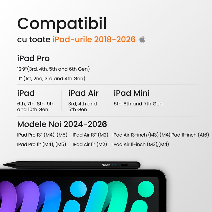 Stylus Pen Neez Pencil®️, pentru tableta iPad Apple 2018-2026, Alternativa Apple Pencil, Pen iPad, Pix cu Palm Rejection, Tilt, Magnetic, Fast Charge USB-C, Autonomie 12 ore, Fara Lag, Penite Anti-Zgarieturi, Aluminiu, Negru