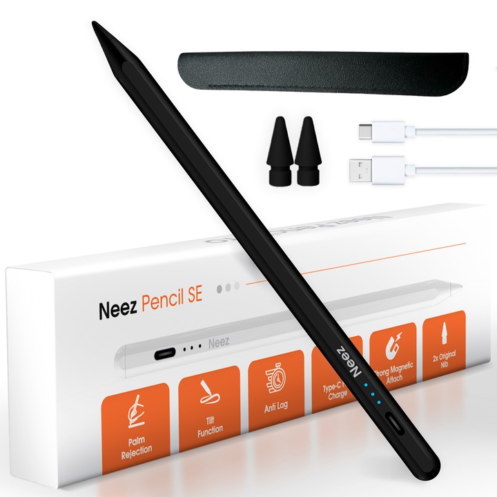 Stylus Pen, Neez Pencil, pentru iPad Apple (2018–2026), Alternativa Apple Pencil, Pen iPad, Pix Digital cu Palm Rejection, Tilt, Atasare Magnetica, Fast Charge USB-C (27 min), Autonomie 12 ore, Anti-Lag, Penite Anti Zgarietura (POM), Aluminiu, Negru