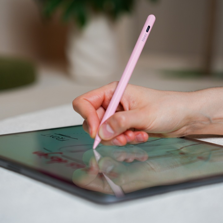 Érintőceruza Neez Pencil iPad (2018–2026), Apple Pencil alternatíva, Palm Rejection, Dőlésérzékelés, Mágneses rögzítés, USB-C gyorstöltés (27 perc), 12 óra üzemidő, késleltetés nélkül, POM csere hegyek, alumínium ház, Rózsaszín