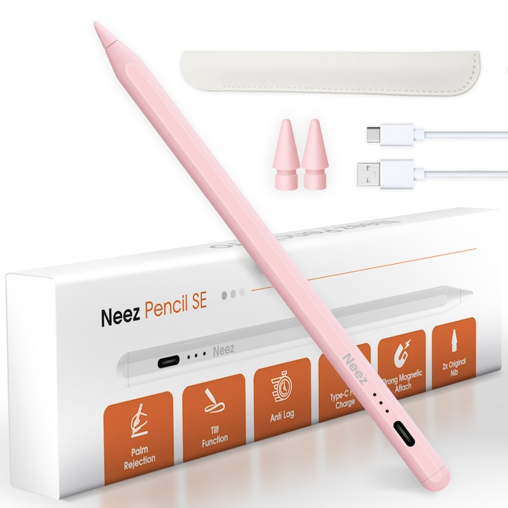 Стилус Neez, За таблет iPad Apple (2018–2025), Цифров молив с отхвърляне на дланта, Наклон, 2X бързо зареждане USB-C (30 мин), Магнитен, Без забавяне, POM накрайници, Алуминий, Розов