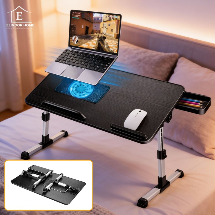 Masa Pliabila pentru Laptop cu Cooler Elindor® Suport Inaltime Reglabila pe 5 Niveluri, Unghi Ajustabil, Antiderapanta, Birou Portabil cu Sertar de Depozitare si Suport pentru Mouse, Utilizare in Orice Loc, Ideala la Munca sau Mic Dejun la Pat, Negru