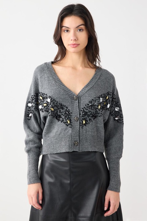 JIMMY KEY, Cardigan cu margele si strasuri, Negru/Gri melange
