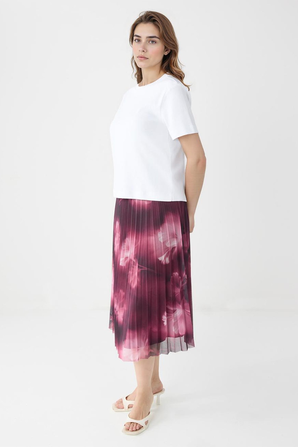 JIMMY KEY, Fusta plisata midi cu model, Violet, Roz, XL - eMAG.ro