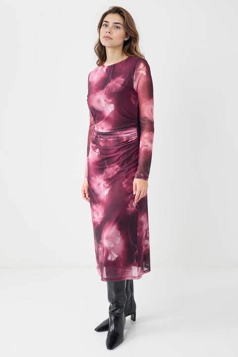 JIMMY KEY, Rochie midi cu model si decolteu la baza gatului, Rosu/Violet/Roz