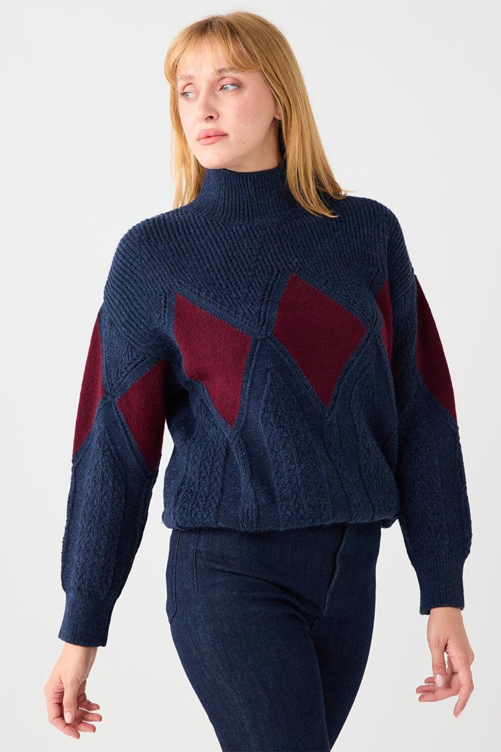 JIMMY KEY, Pulover cu model geometric, Rosu, Bleumarin, L - eMAG.ro