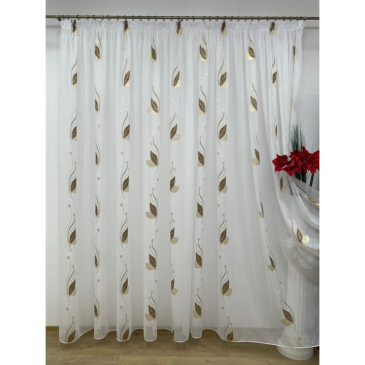 Perdea brodata mecanic, cu rejansa, culoare alb/maro, din colectia "La Primavera" by Liz Line, 350x245cm PD11135