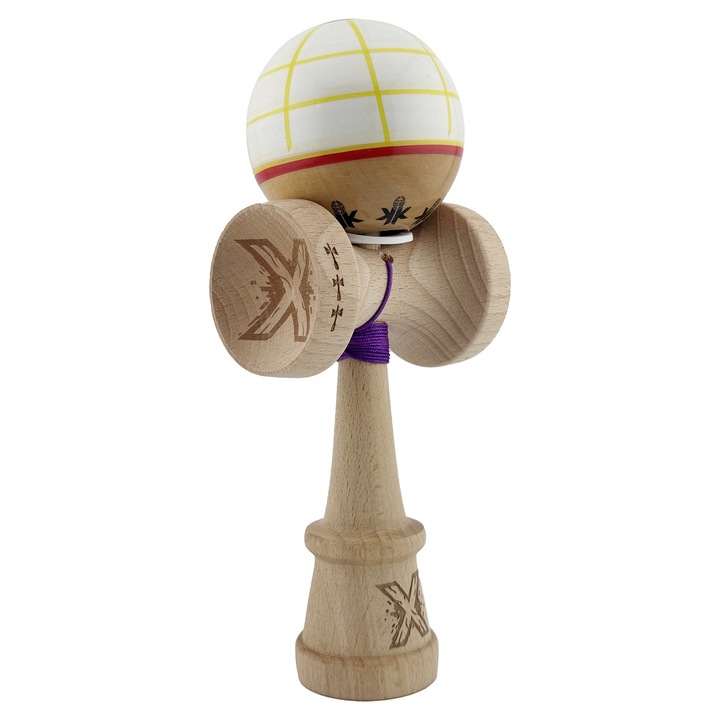 Kendama SUPER STYKY Legendary Glob, Big cup V3, Lemn, 18 cm, Rulment Metalic cu Ata 55 cm, Cupe Mari, Rulment, Balace Hole, Alb/Galben/Rosu