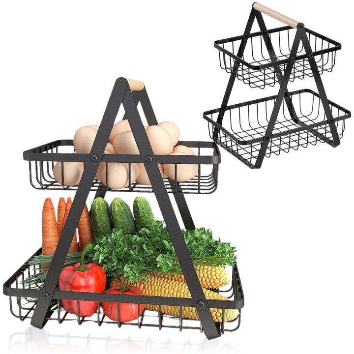 Cos organizator de buctarie, LuckyLu®, cos portabil pentru fructe, cu 2 niveluri, metal vopsit, maner din lemn, nu absoarbe mirosurile si este rezistent la decolorare, negru, 32 x 30 x 18 cm