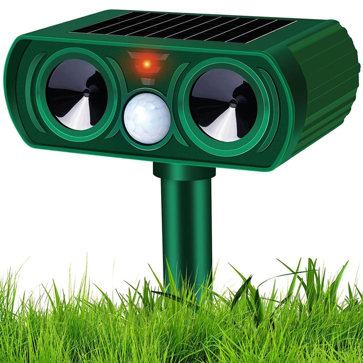 Aparat repelent cu ultrasunete anti pasari, Repelent pentru animale cu energie solara, rezistent la apa IPX4, pentru exterior, pentru curte, eficient pentru veverite, caini, vulpi si pasari