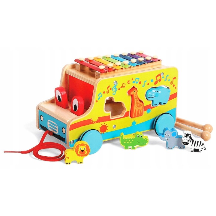 Дървен център за занимания Smily Play 4 в 1, кола за дърпане с подвижни очи, сортер за форми, музикален ксилофон, 57,5x30x37,5 см