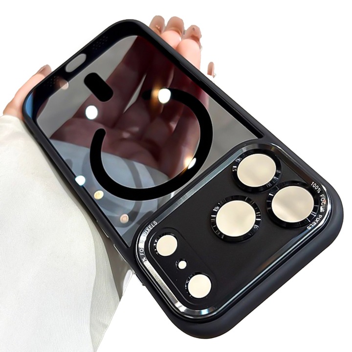 Прозрачен калъф за телефон, съвместим с iPhone 12 Pro, магнитен дизайн MagSafe, метална защита за камерата, удароустойчив, черен