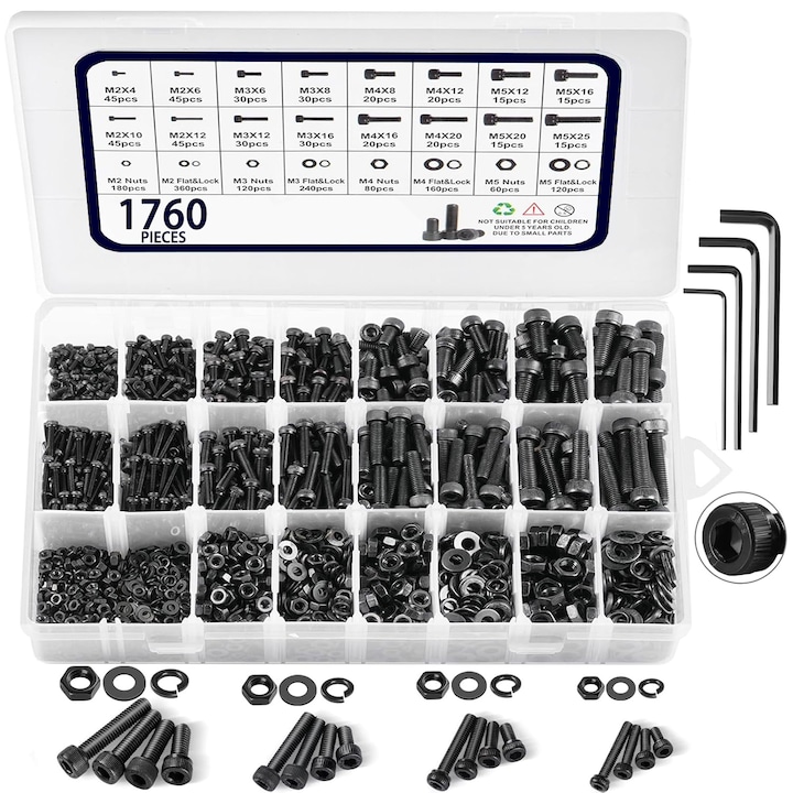 Set de 1760 de bucati M2 M3 M4 cu surub cu cap dub si piulita, set combinat de saibe plate, YDCY, set de suruburi, piulite, suruburi si saibe negre din otel aliat (1760 negru)
