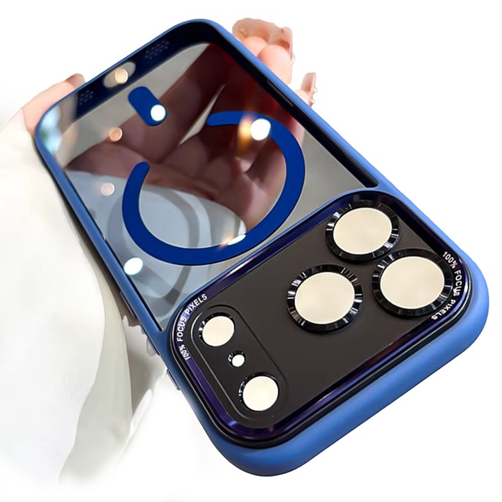 Прозрачен калъф за телефон за iPhone 12 Pro Max, магнитен дизайн MagSafe, метална защита за камерата, устойчив на удари, син