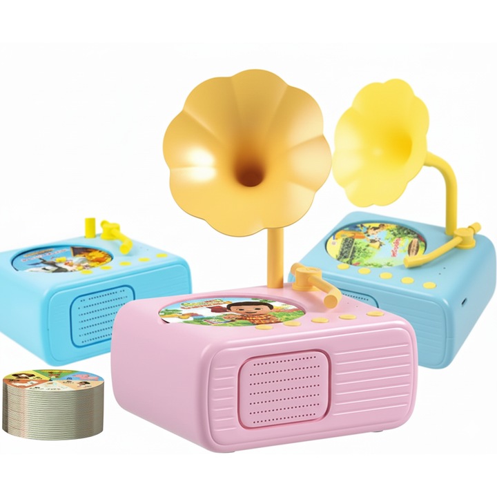 Jucarie muzicala, Mini-Patefon Educativ cu Povesti si Muzica, 96 carduri, roz