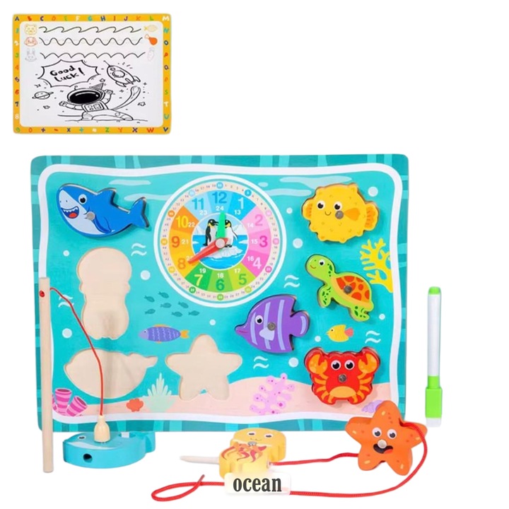 Joc educativ multifunctional din lemn – Puzzle, ceas didactic, joc de pescuit magnetic si tabla de scris Ocean