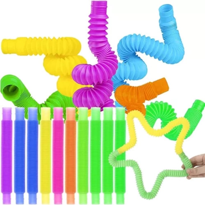 Set 10 tuburi senzoriale Pop Tubes colorate, Jucarie antistres si Fidget pentru copii si adulti, Instrument educational Montessori pentru motricitate fina si sunete
