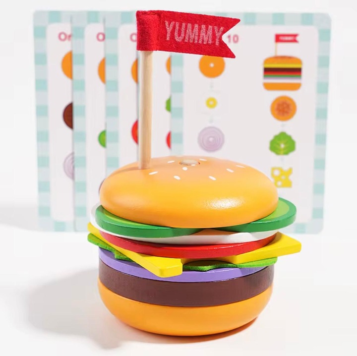 Joc educativ Montessori din lemn – Construieste Burgerul, Sortare, memorie si creativitate