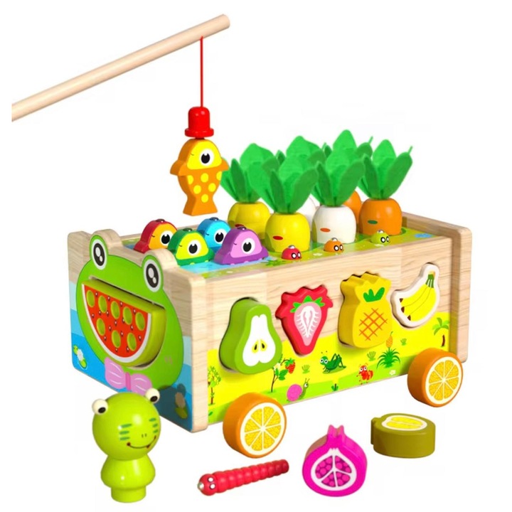 Jucarie educativa Montessori din lemn 3-in-1 – Pescuit magnetic, sortare legume, recoltat