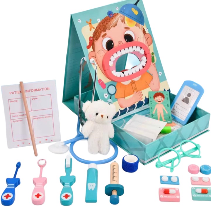 Set de joaca din lemn Doctor/Dentist pentru copii – cu accesorii educative si ursulet de plus