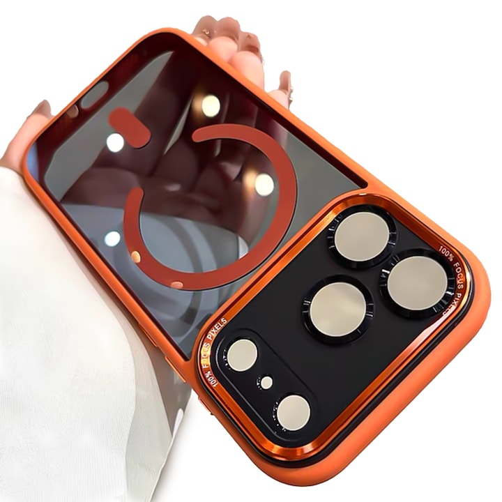 Прозрачен калъф за телефон, съвместим с iPhone 16 Pro Max, магнитен дизайн MagSafe, метална защита за камерата, устойчив на удари, оранжев