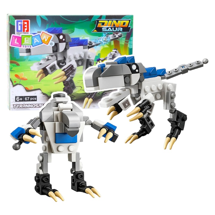 Set de construcție 2 în 1 LEAN, dinozaur și robot Tyrannosaurus Rex, 67 piese, alb-negru-albastru, 14,5x11,5x4cm
