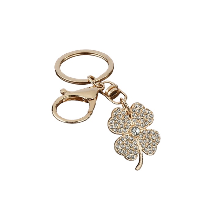 Kulcstartó táska, négylevelű lóhere modell, ötvözet kristályokkal/strasszokkal, elegáns ajándék, fehér színű