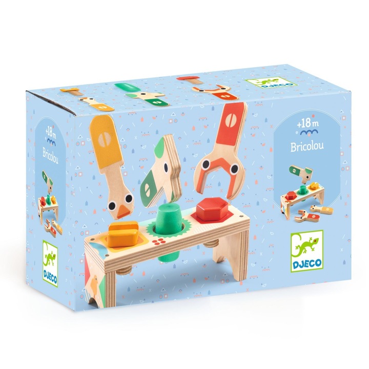 Banc de lucru din lemn Bricolou, Djeco, 6 accesorii, 18x8x6.5cm, culori