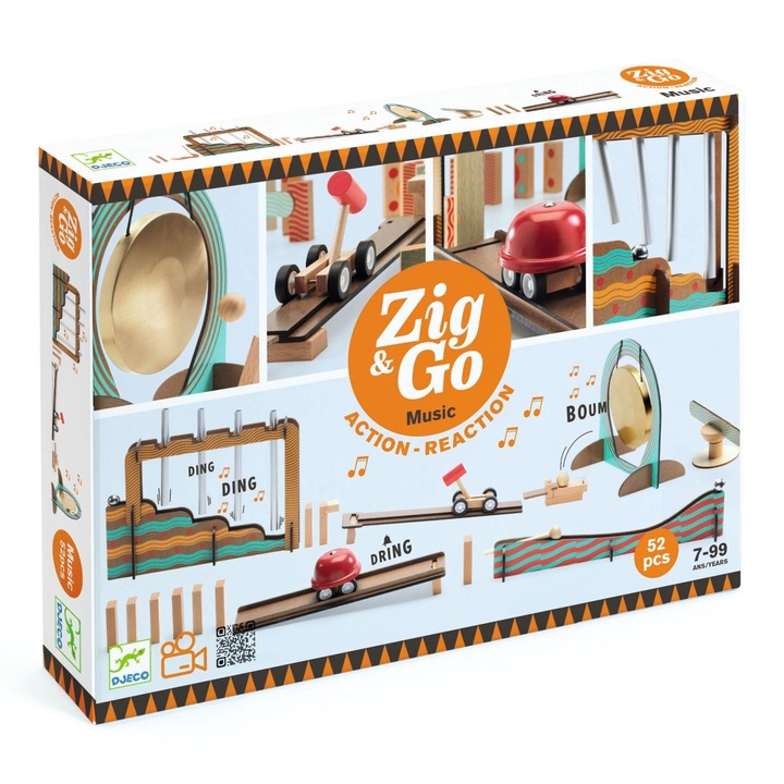 Set de construcție trasee Muzica Zig & Go, 52 piese, Djeco, lemn și metal, 8 ani