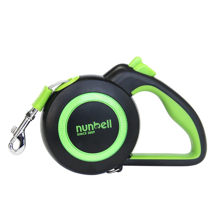 Lesa retractabila pentru caini Nunbell ® – sistem de franare si blocare cu o singura mana, ABS/Nylon, design cu inel reflectorizant, potrivita pentru caini de pana la 40 kg, lungime 5 m, verde