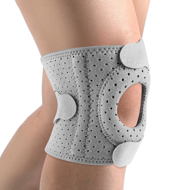 Еластична регулируема наколенка, asskanaer, Отворена опора на пателата, Мобилна ортеза за коляно за пателарно сухожилие, Със самозалепваща лента, Дишаща, Намалява възпалението, Травми на връзки и стави, Унисекс, Универсален размер, Найлон, 72*13см, Сив