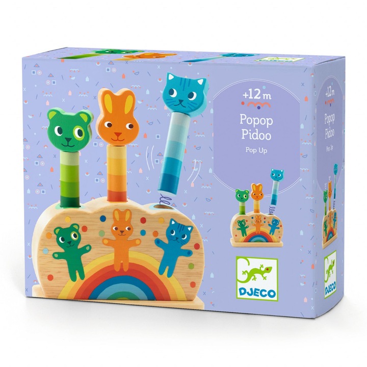 Дървено пъзелче Pop up Popop Pidoo, Djeco, с 3 глави на животни, подходящо за деца над 12 месеца