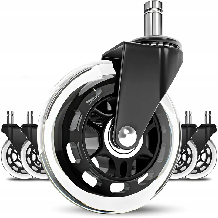 Set 5 roti din cauciuc pentru scaune, 76 mm, negru-transparent, montaj rapid, rezistenta 60 kg
