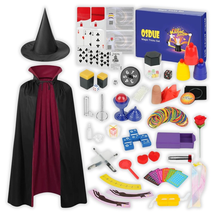 Set Magician Mic - 24 Trucuri Magice cu Pelerina si Palarie, educational, pentru copii 5+ ani