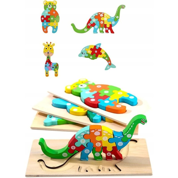 Puzzle Montessori din Lemn pentru Copii, Set cu Girafa, Dinozaur, Delfin, Urs, 1 an
