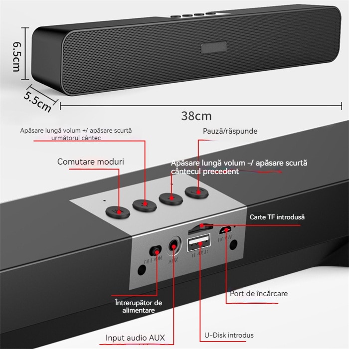 Soundbar, Boxe PC, sunet stereo, Bluetooth, 3, 5 mm AUX, card TF, alimentare USB, sunet surround 3D, potrivit pentru computere, telefoane mobile, console de jocuri si alte dispozitive, negru