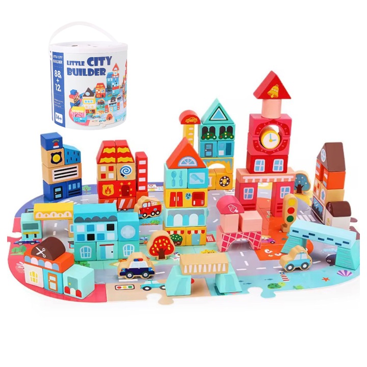 Joc cuburi de lemn Oras colorat, 100 piese, puzzle, Dezvoltare motrica si inteligenta copii