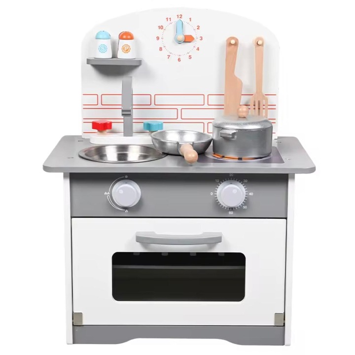 Bucatarie lemn pentru copii cu accesorii incluse | Joc de rol educativ Set Cuptor cu Butoane, Plita, Chiuveta