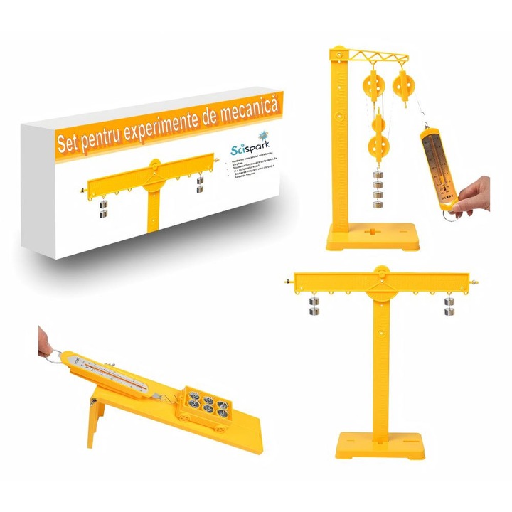 Set experimental de mecanica, Principiul echilibrului parghiei, Scripete fix si scripete mobil, pentru 8 ani, plastic